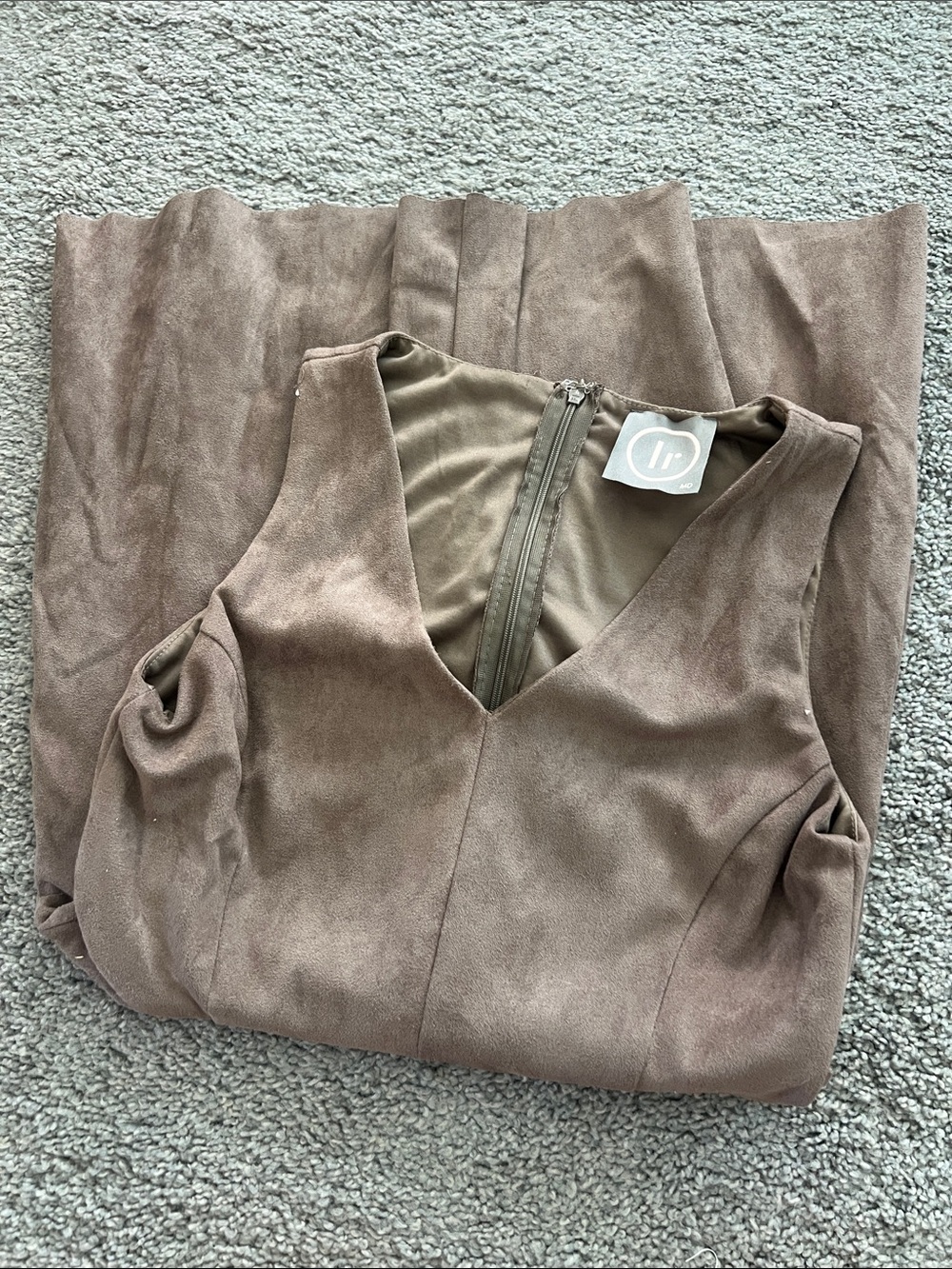 V-Neck Faux Suede Dress in Taupe, size M